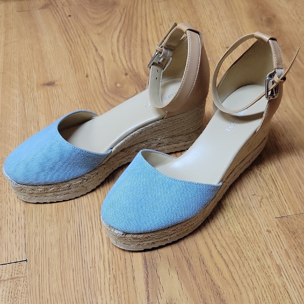 Nine West Ariela Denim And Tan Wedge Sandal Ariela